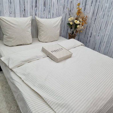 Постільна білизна BonaVita двоспальна з простирадлом на резинці 160х200 бавовна Смужка кремова (3419-0098 cream) 3419-0098 cream фото