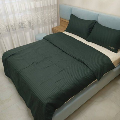 Постільна білизна BonaVita двоспальна страйп сатин смарагд беж (641-0098 green+beige) 641-0098 green+beige фото
