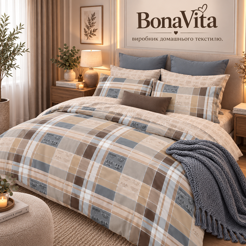 Постільна білизна BonaVita Ранфорс півтораспальна Клітинка (N3-0638 beige) N3-0638 beige фото